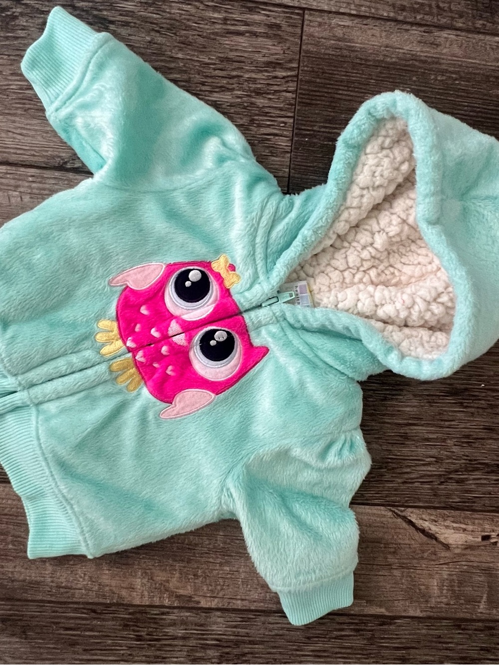 🏅 10/$10 Mint Green Plush Baby Hoodie with Pink Owl